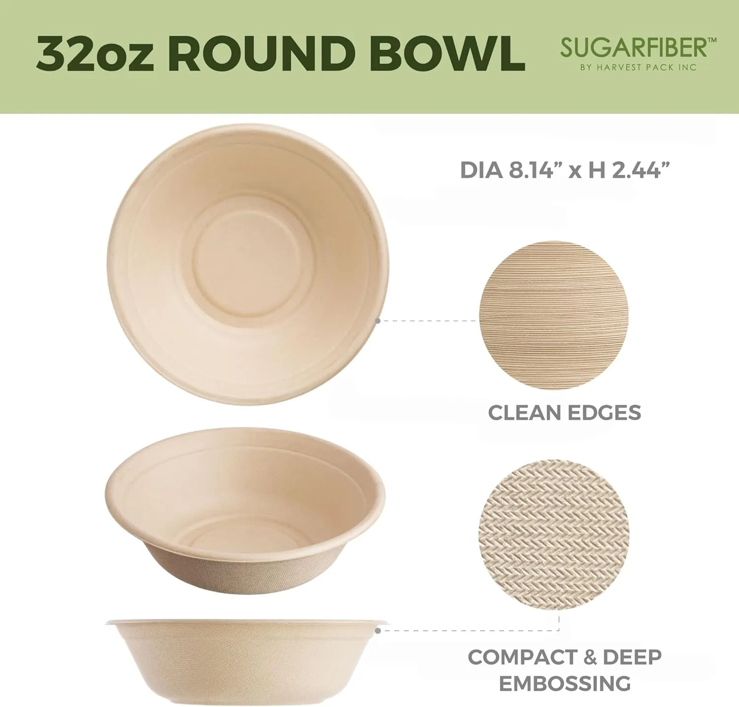 32 Oz Round Paper Bowls - Compostable Heavy-Duty Eco-Friendly Disposable Bagasse Bowls Sugarcane Natural Plant Fibers 500 Counts