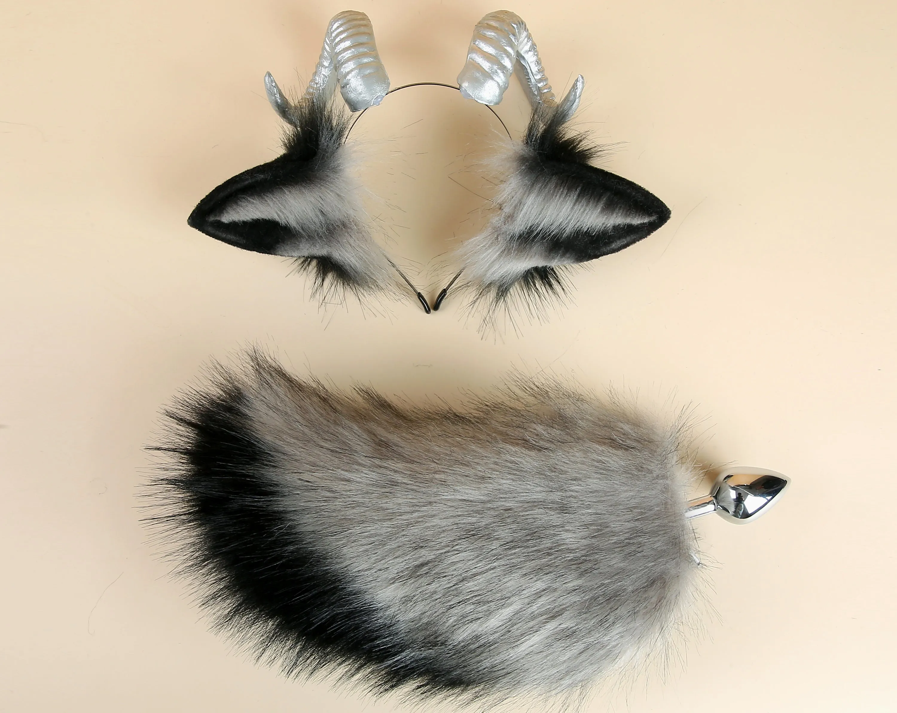 balck gray sheep tail plug and ear set cosplay goat ear and tail set petplay sheep tail butt plug and ear set bdsm sextoy for couple