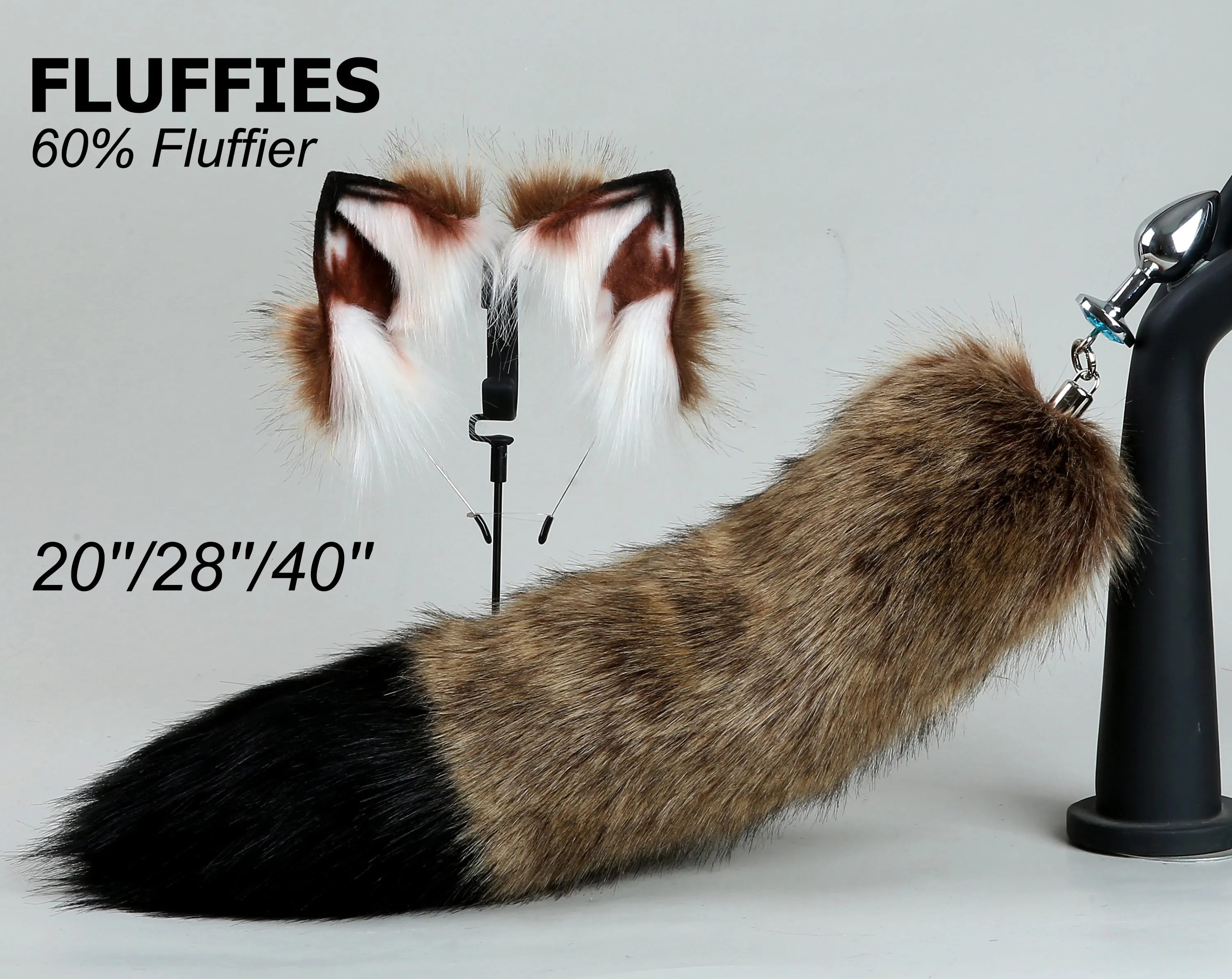 black brown fox tail plug and ear set fox ear fluffy wolf tail butt plug tail buttplug wolf ear petplay sextoy anal plug cat tail plug