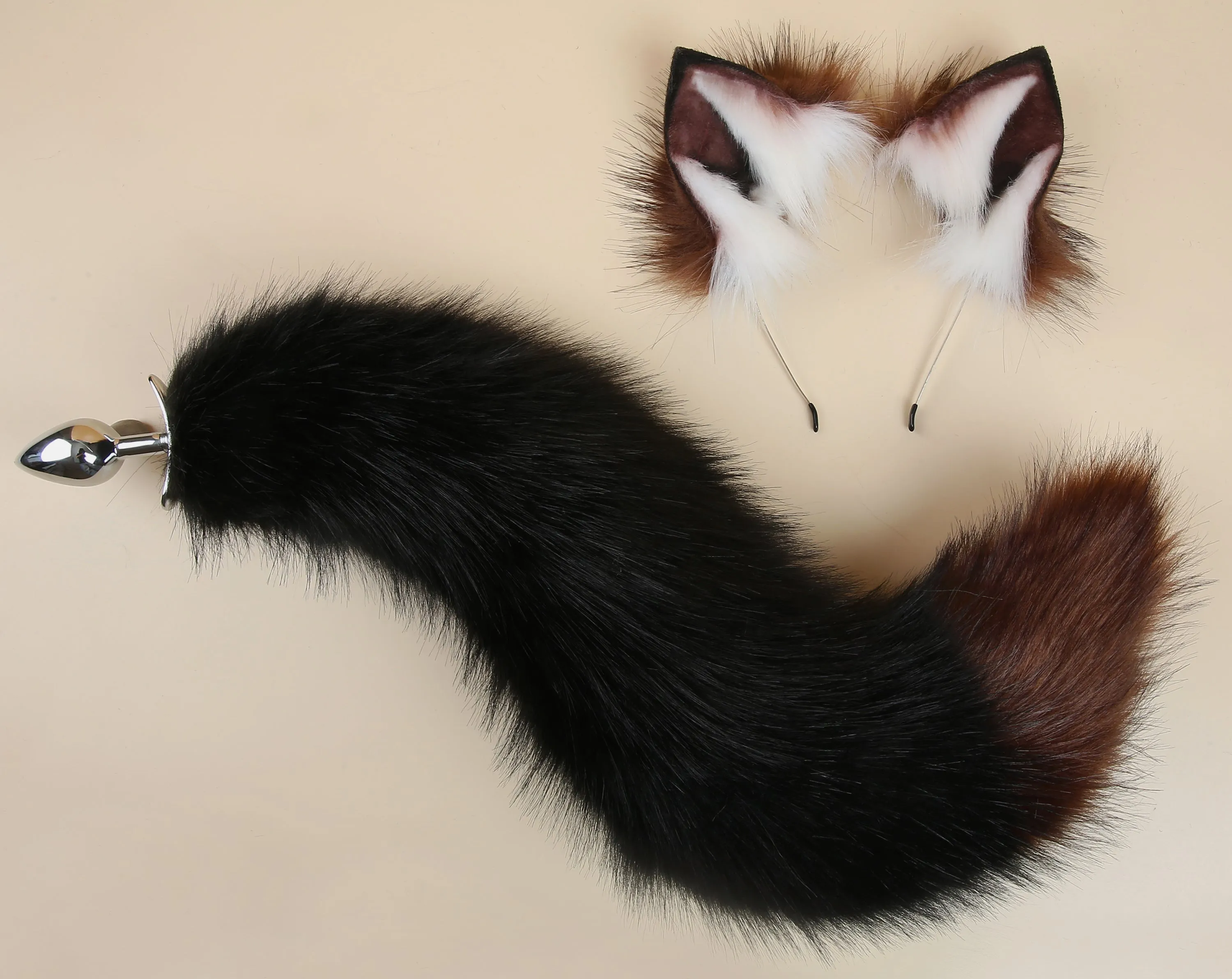 black coffee fox tail plug and ear set curly fox tail butt plug and ear set wolf tail buttplug cat petplay bdsm cosplay anime sextoy