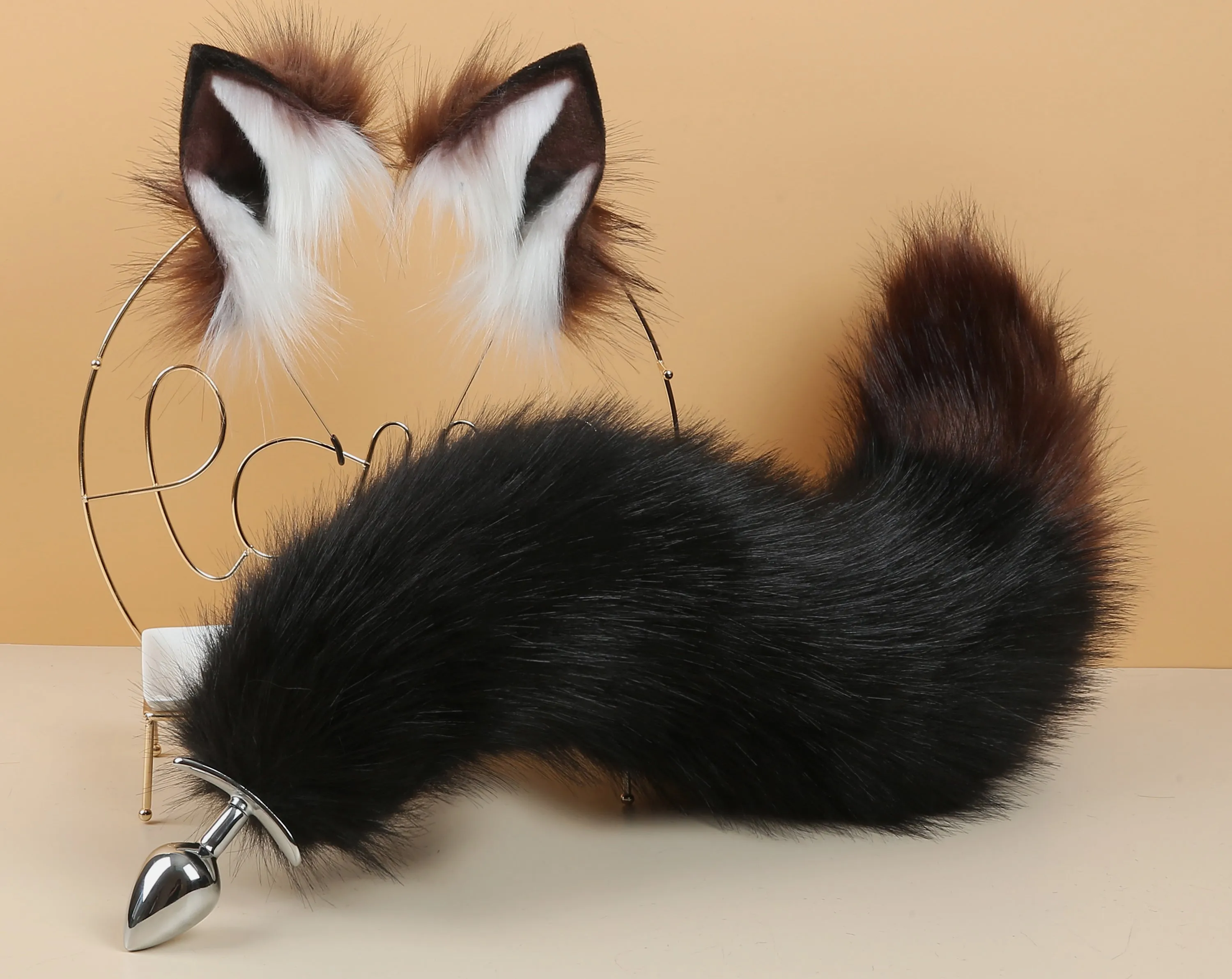 black coffee fox tail plug and ear set curly fox tail butt plug and ear set wolf tail buttplug cat petplay bdsm cosplay anime sextoy