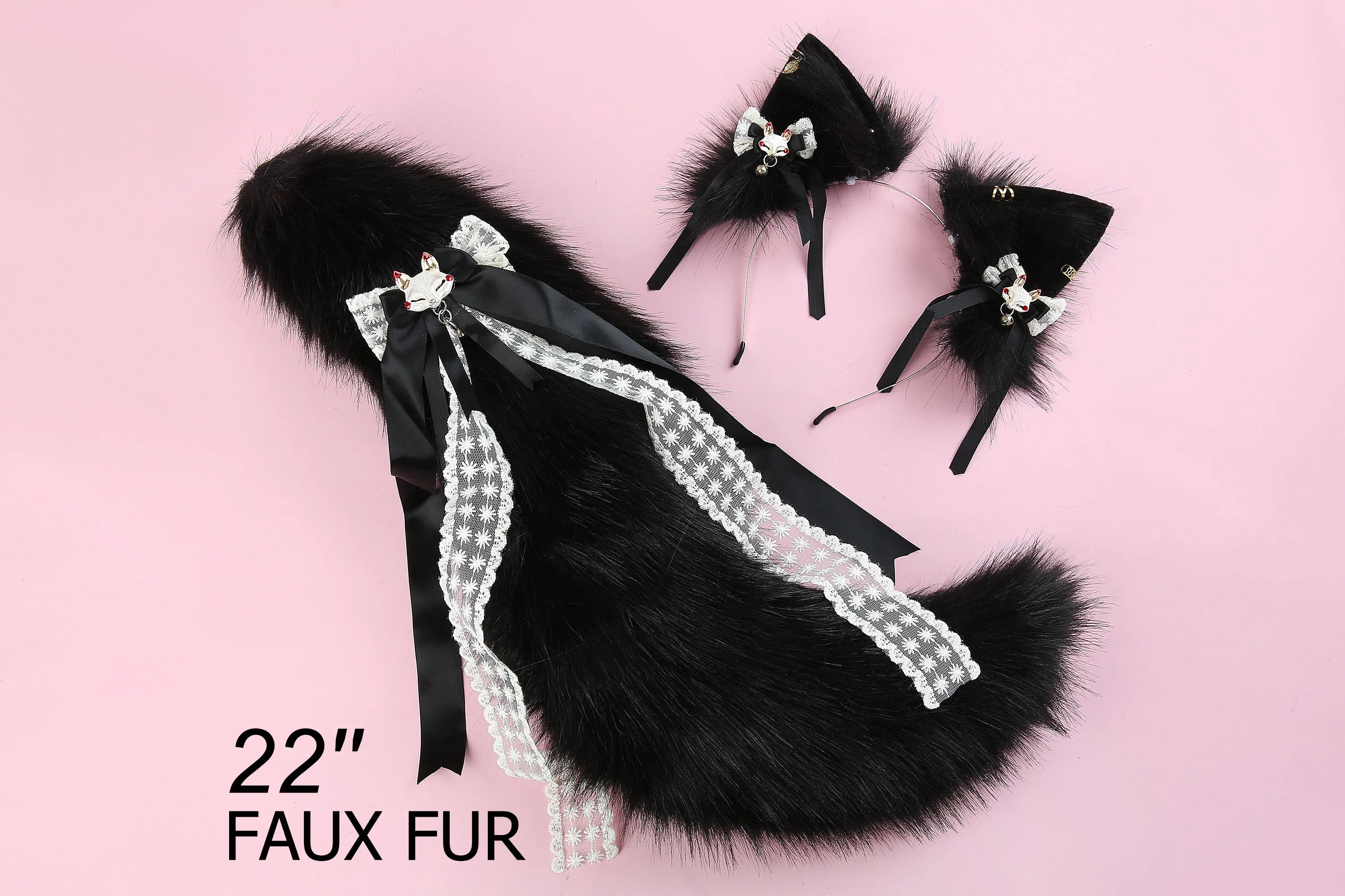 Black faux fur fox tail plug and ear wolf tail buttplug and ear kitten ear and tail plug set curved tail and ear plug cosplay -mature