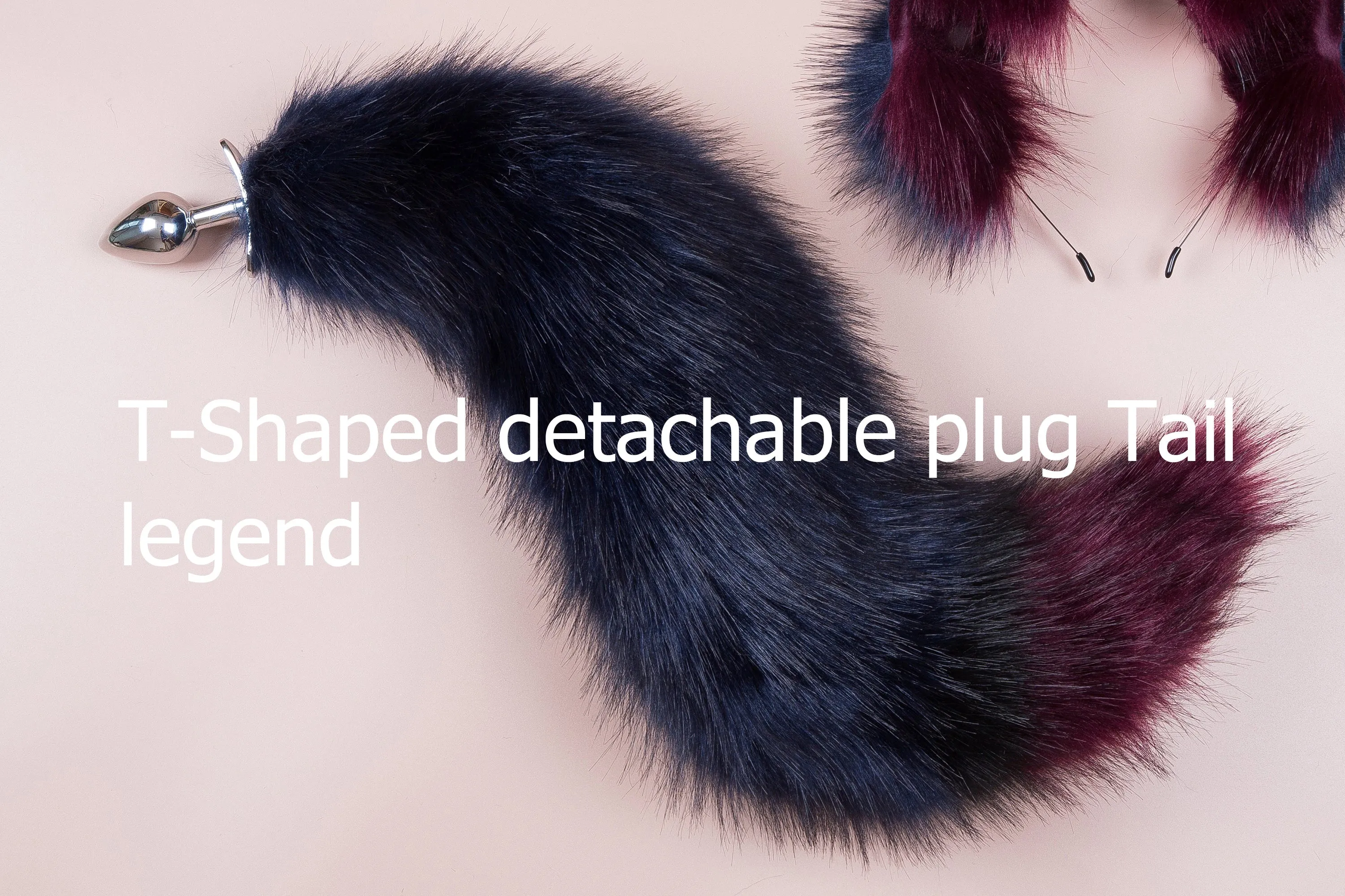 Black faux fur fox tail plug and ear wolf tail buttplug and ear kitten ear and tail plug set curved tail and ear plug cosplay -mature