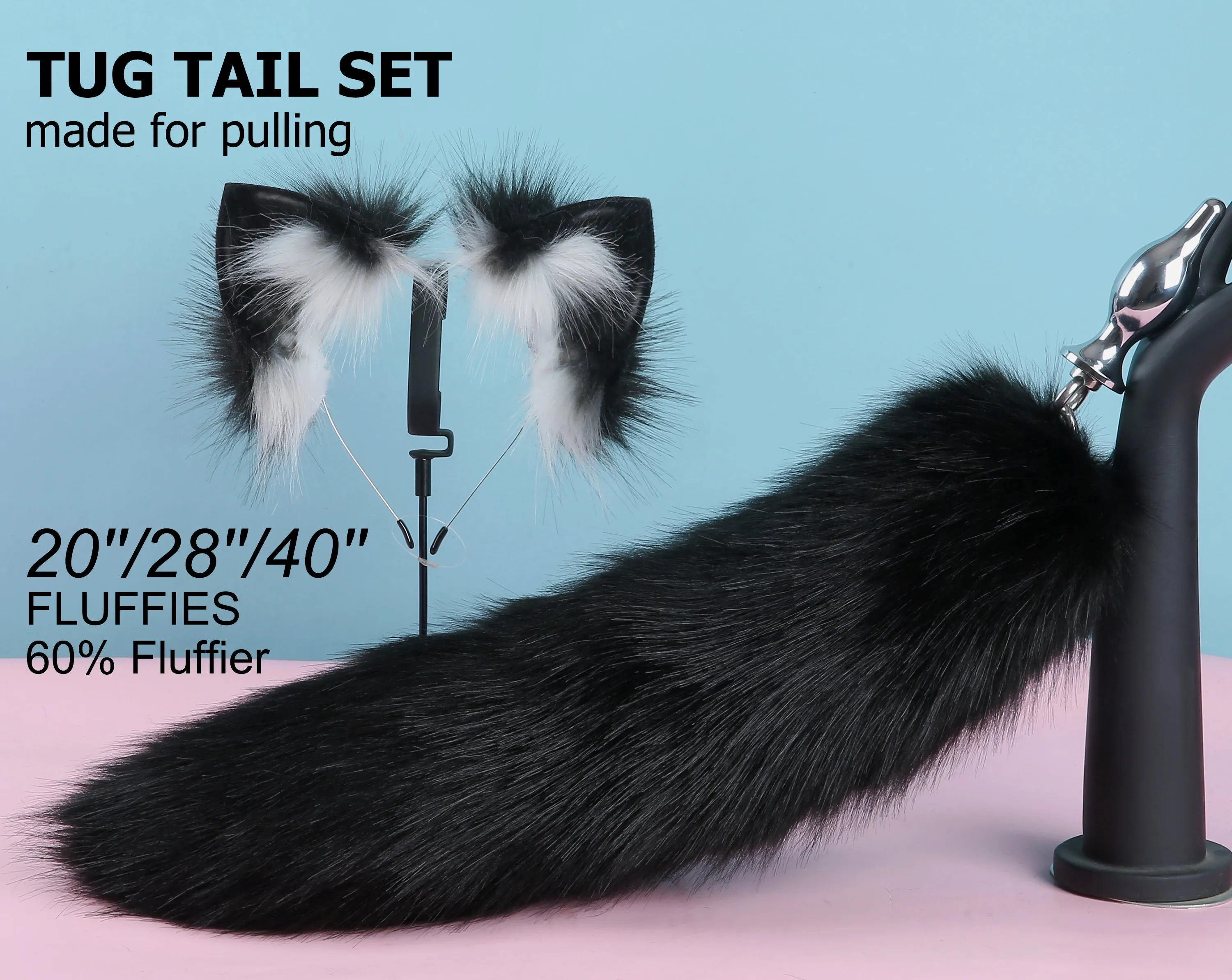 black fluffy tug tail plug and ear set fluffy fox tail butt plug and ear set wolf tail buttplug sex toy bdsm cat tail bondage petplay