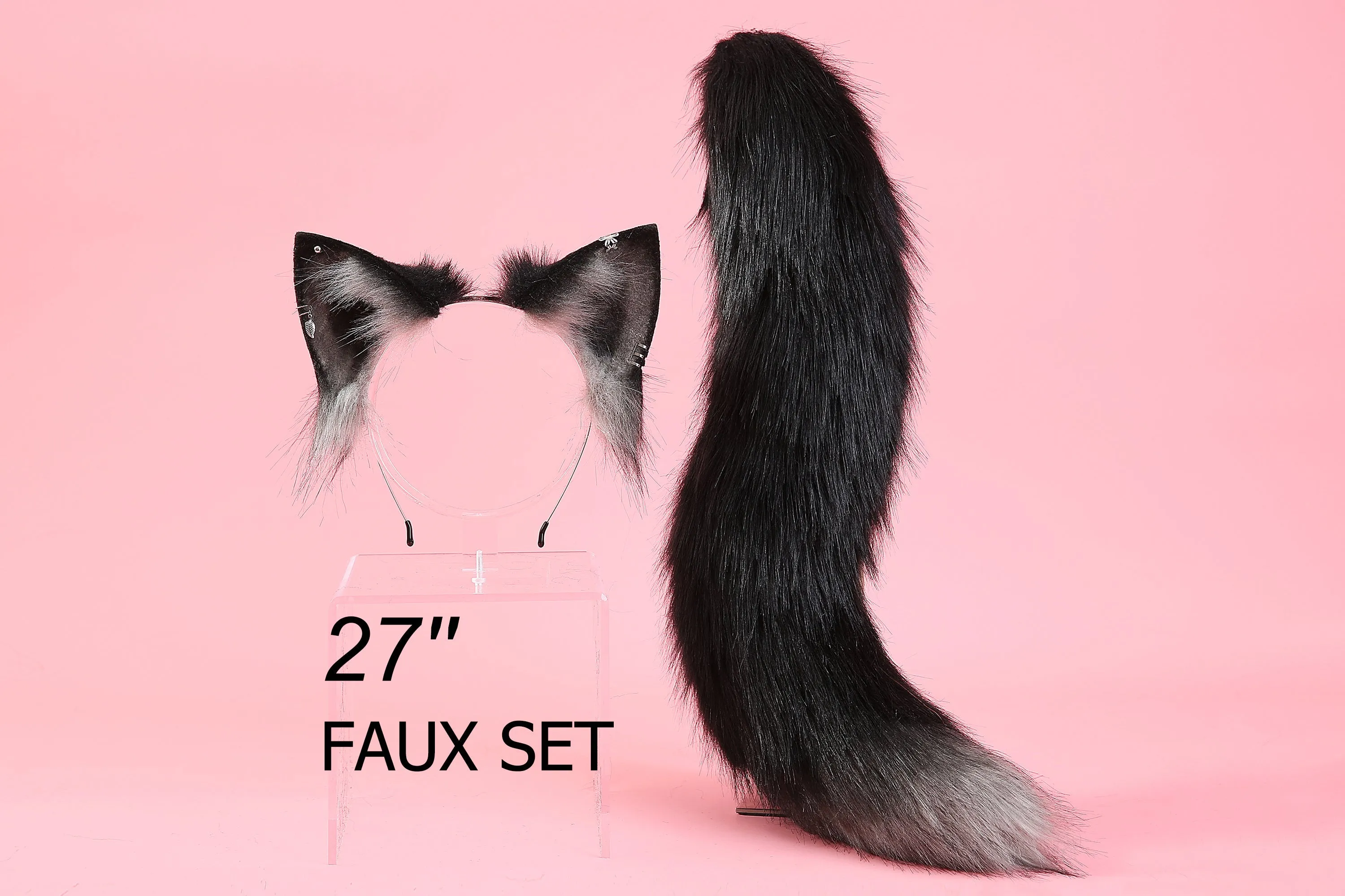 Black gray faux fur fox tail plug and ear wolf tail buttplug and ear kitten ear and tail plug set curved tail and ear plug cosplay -mature