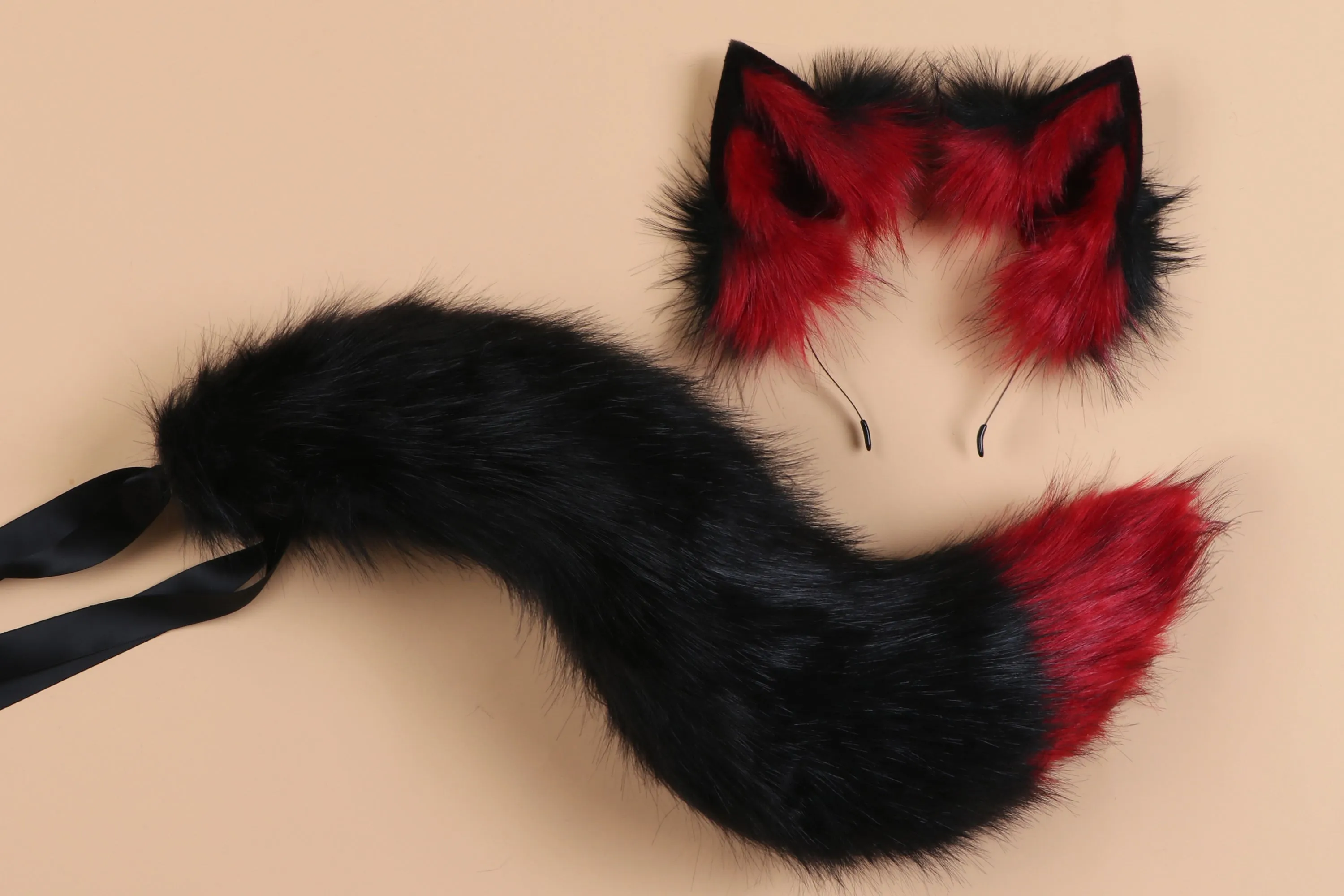 black red fox tail plug and ear set wolf tail buttplug ass faux fur kitten tail butt plug cat petplay anime cosplay sex toy bdsm ddlg