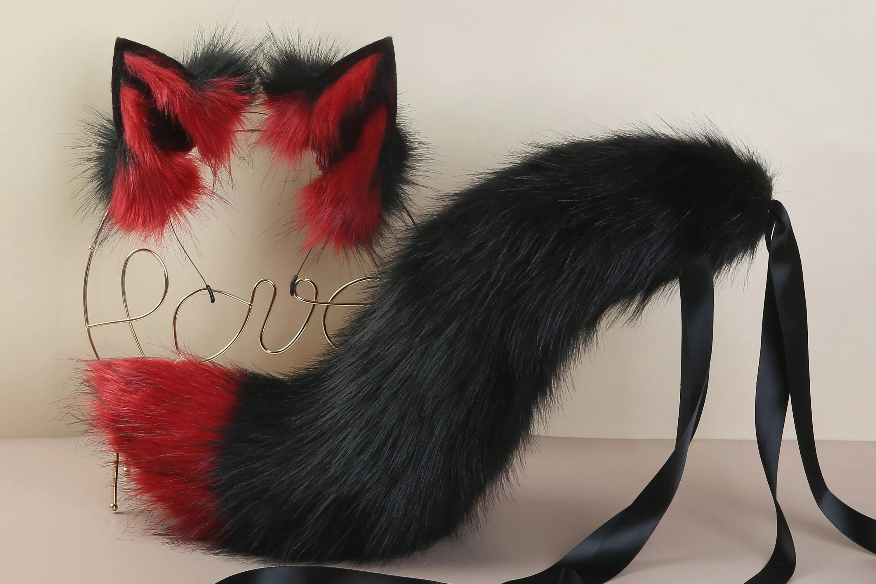 black red fox tail plug and ear set wolf tail buttplug ass faux fur kitten tail butt plug cat petplay anime cosplay sex toy bdsm ddlg