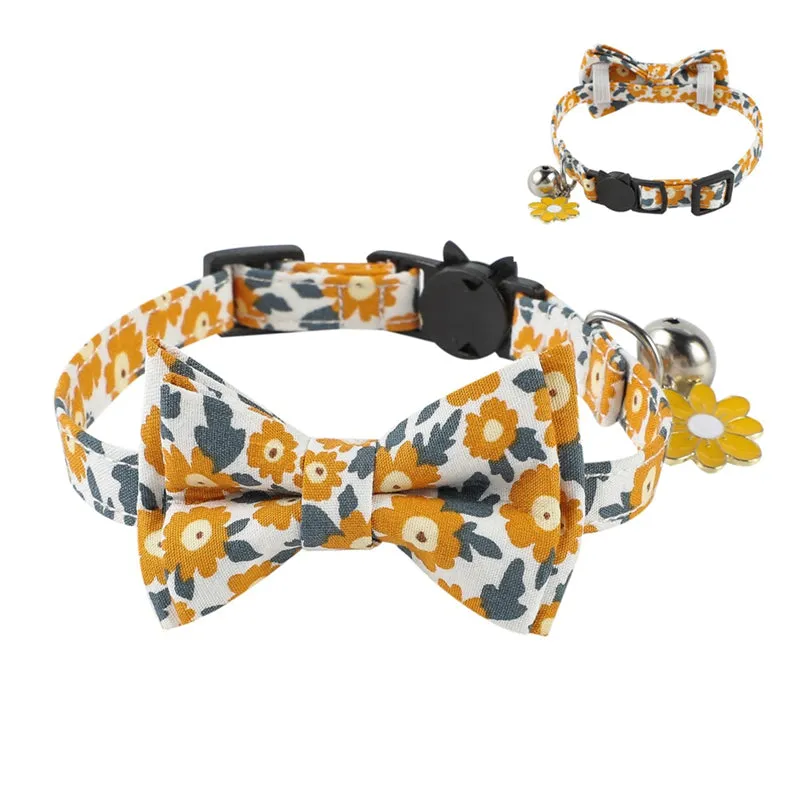 Cute Cat Collars Floral Removable Bowtie Collar with Bell