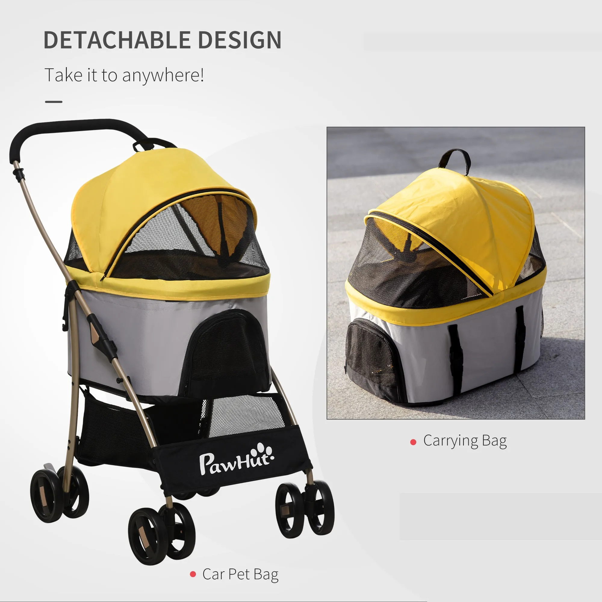 Detachable Pet Stroller, 3 In 1 Dog Cat Travel Carriage, Foldable Carrying Bag w/ Universal Wheels, Brake, Canopy, Basket, Storage Bag - Yellow