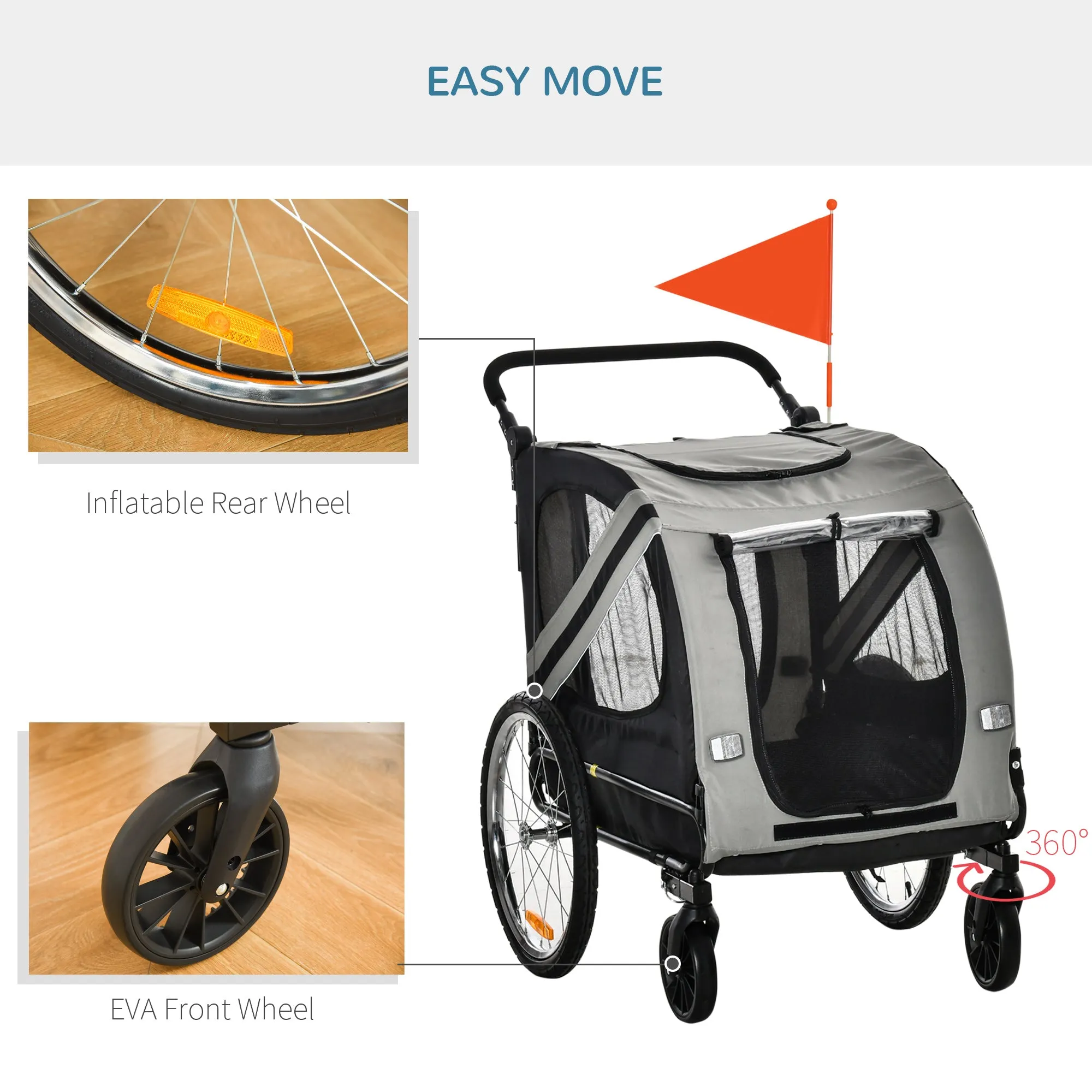 Dog Bike Trailer 2-in-1 Pet Stroller Cart Bicycle Carrier Attachment for Travel in steel frame with Wheels Hitch Coupler Reflectors Flag Grey