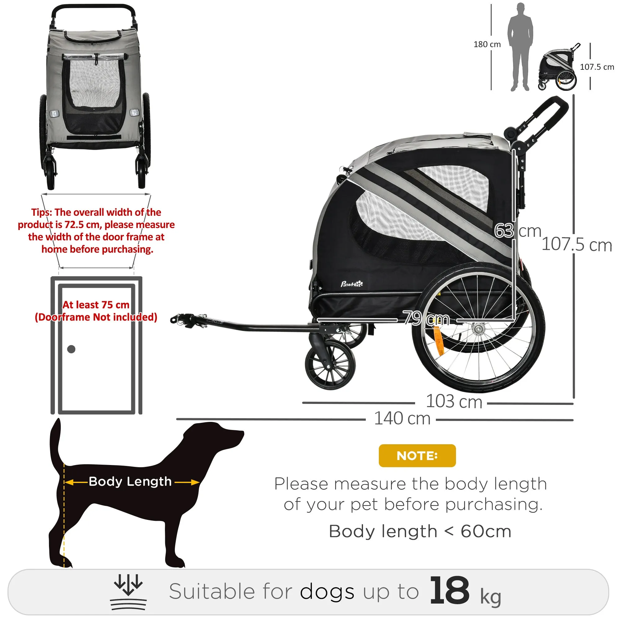 Dog Bike Trailer 2-in-1 Pet Stroller Cart Bicycle Carrier Attachment for Travel in steel frame with Wheels Hitch Coupler Reflectors Flag Grey