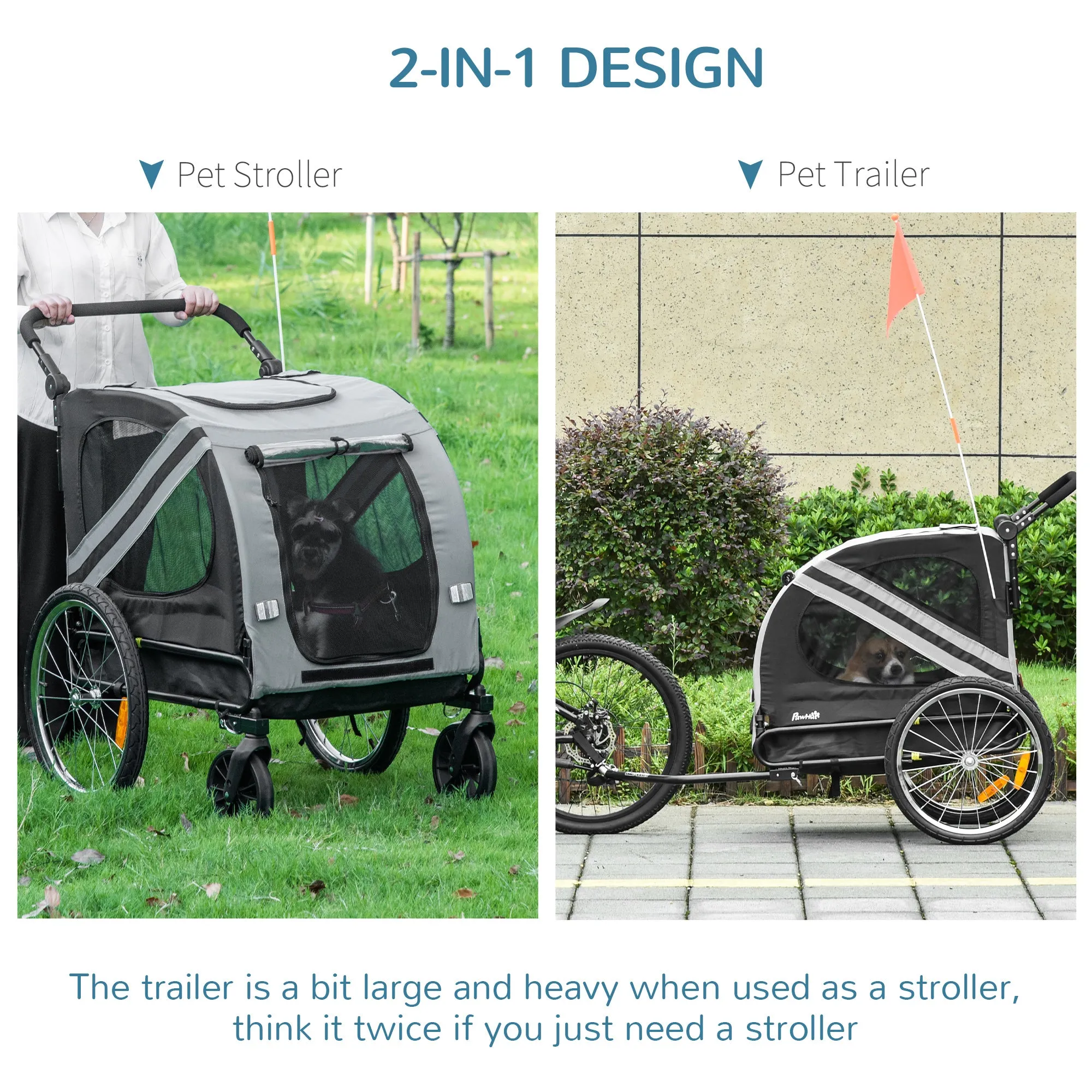 Dog Bike Trailer 2-in-1 Pet Stroller Cart Bicycle Carrier Attachment for Travel in steel frame with Wheels Hitch Coupler Reflectors Flag Grey