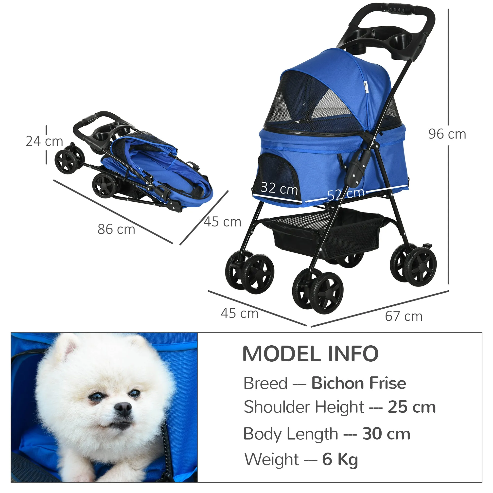 Dog Stroller Pet Cat Travel Pushchair One-Click Fold Trolley Jogger with EVA Wheels Brake Basket Adjustable Canopy Safety Leash for Small Dogs, Blue