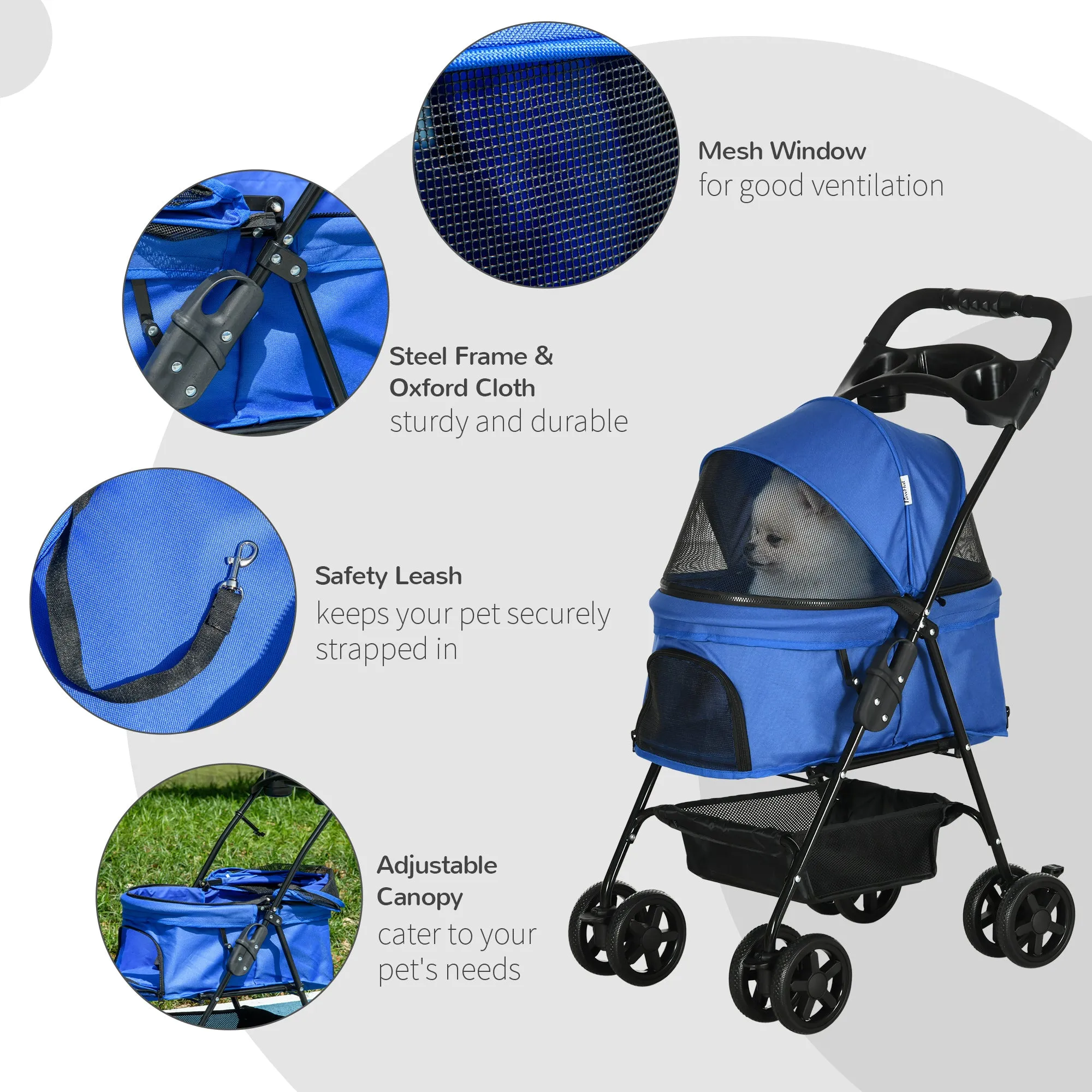 Dog Stroller Pet Cat Travel Pushchair One-Click Fold Trolley Jogger with EVA Wheels Brake Basket Adjustable Canopy Safety Leash for Small Dogs, Blue