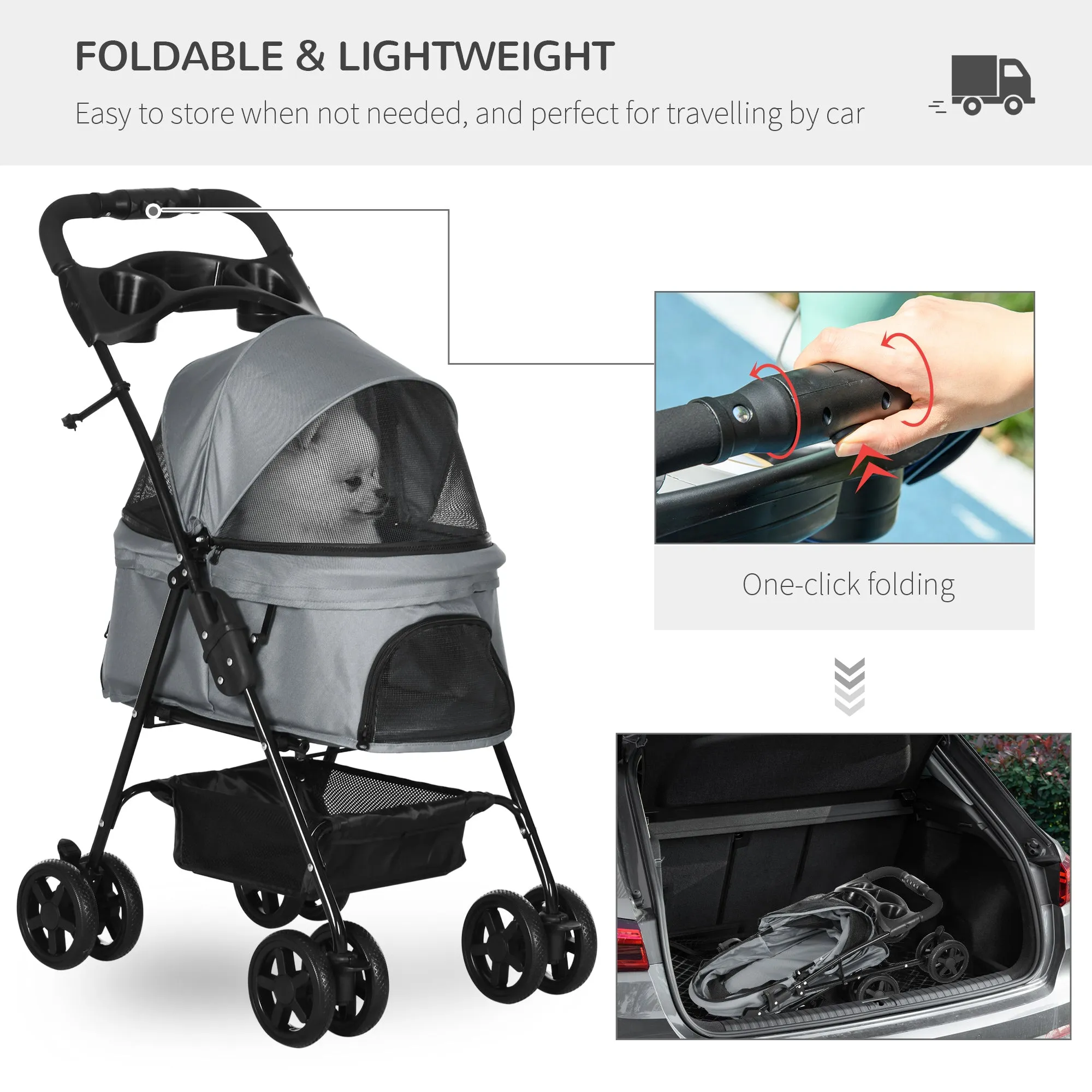 Dog Stroller Pet Cat Travel Pushchair One-Click Fold Trolley Jogger with EVA Wheels Brake Basket Adjustable Canopy Safety Leash for Small Dogs, Grey