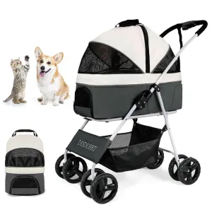 Dog/Cat/Pet Stroller for Small-Medium Pet, 3-In-1 Luxury Travel Carriage (Car Seat Stroller) Storage Basket with Detach Carrier Suspension System/Link Brake/One-Hand Fold, Max. Loading 44 LBS