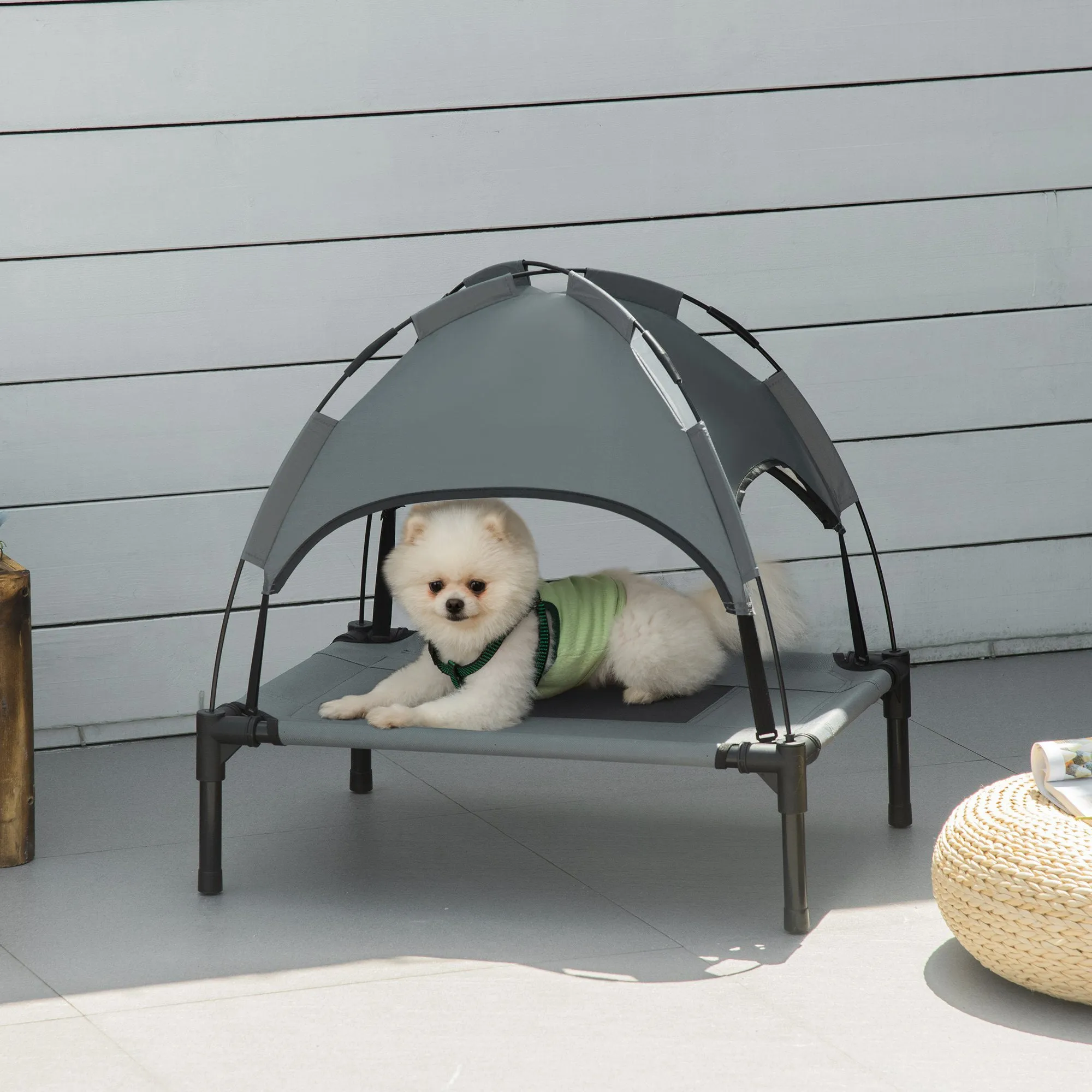 Elevated Dog Bed Waterproof Elevated Pet Cot with Breathable Mesh UV Protection Canopy Grey, for Small Dogs, 61 x 46 x 62cm