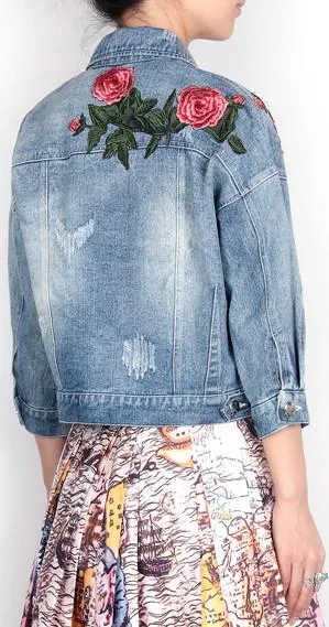 Embroidered Denim Distressed Jacket