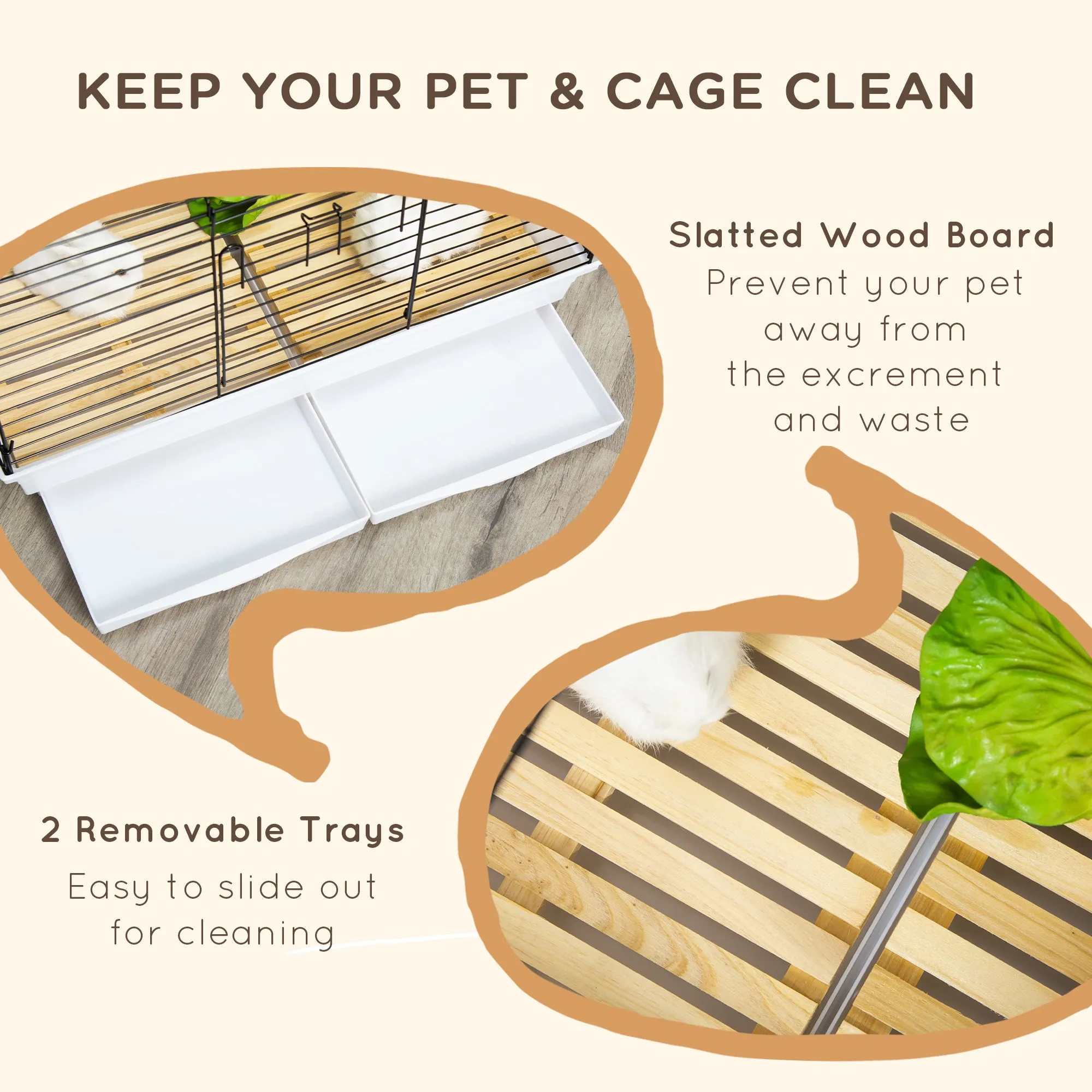 Indoor Small Animal Cage with Wood Floor, Bunny Guinea Pig House with Removable Trays, 61.5 x 38 x 40 cm, White