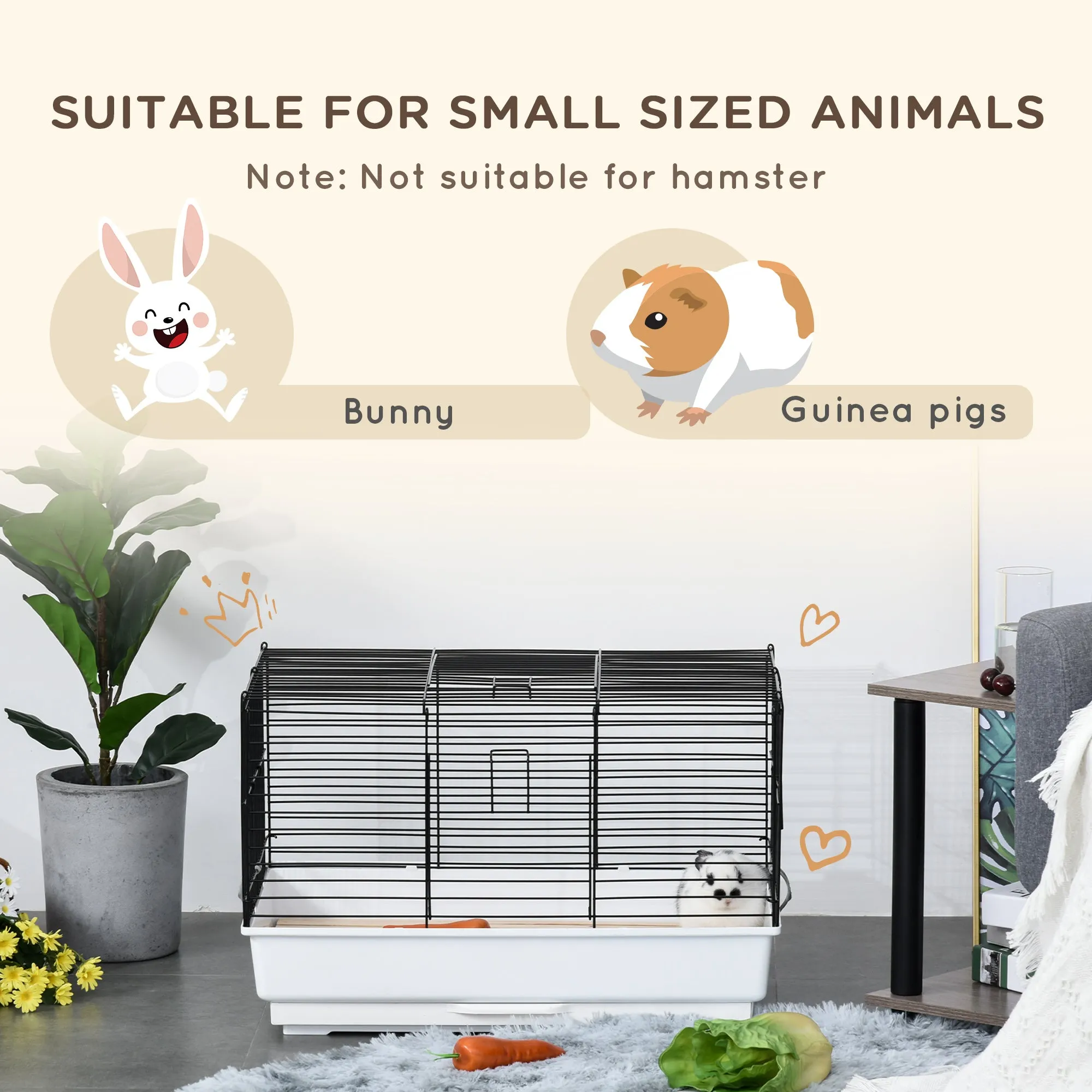 Indoor Small Animal Cage with Wood Floor, Bunny Guinea Pig House with Removable Trays, 61.5 x 38 x 40 cm, White