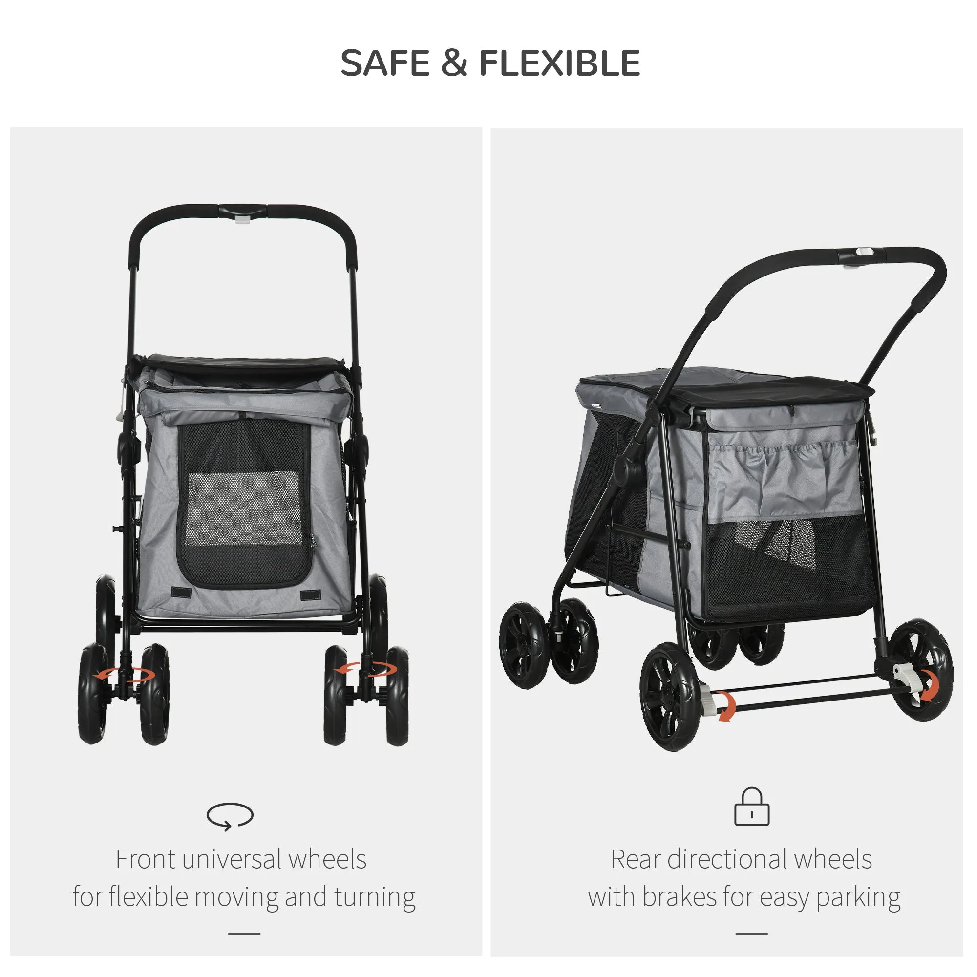 One-Click Foldable Pet Stroller, Dog Cat Travel Pushchair w/ EVA Wheels, Storage Bags, Mesh Windows, Doors, Safety Leash, Cushion, for Small Pets - Grey