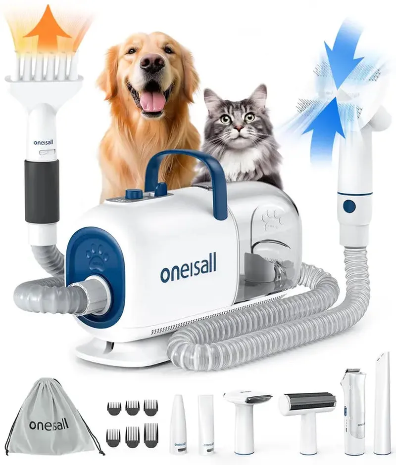 Oneisall Dog Grooming Vacuum Blow Dryer and Clippers, Dog Grooming Kit for Shedding Drying Trimming Pet'S Hair, 7 Levels of Blow Temperature, Adjustable Air Flow