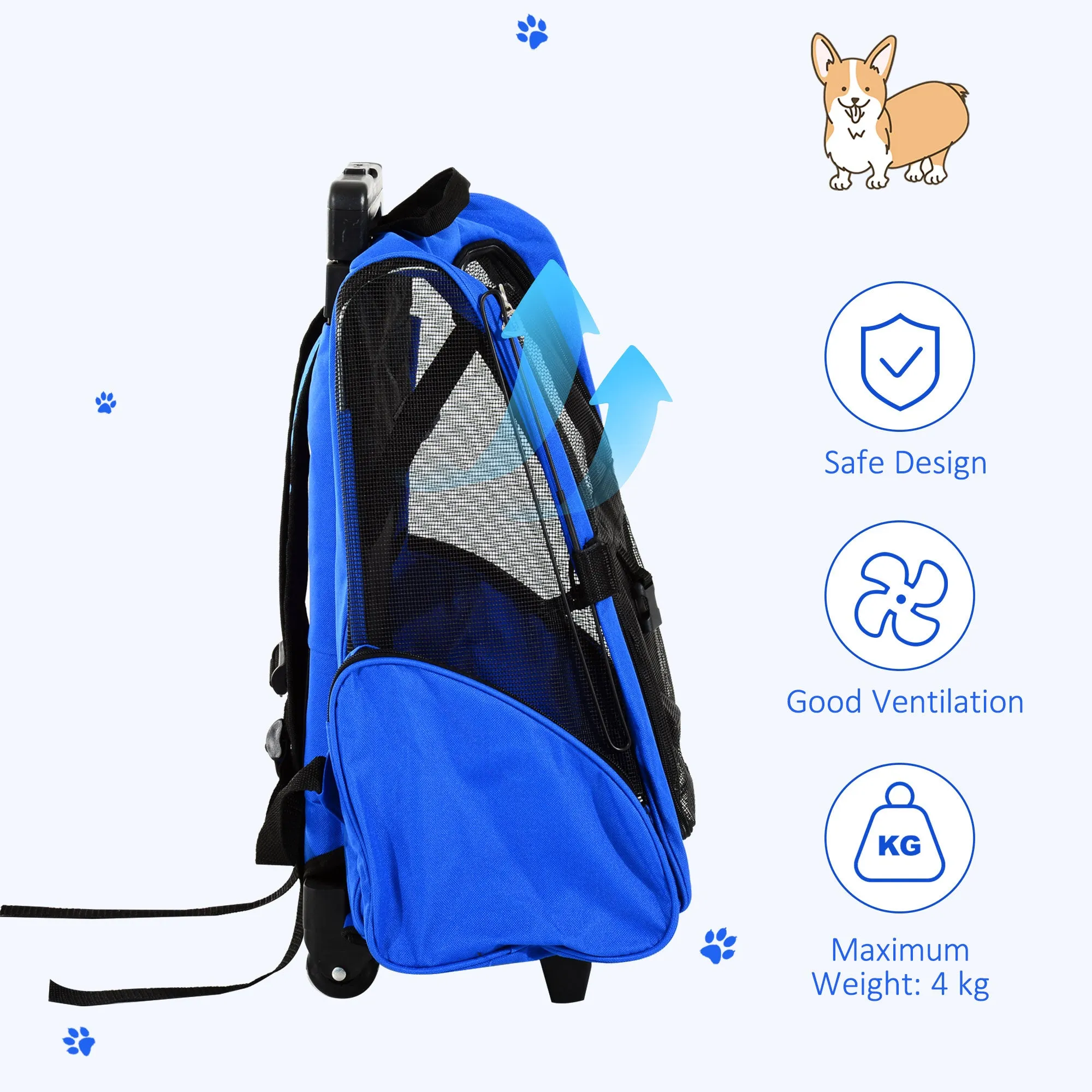 Pet Carrier Travel Backpack Bag Cat Carrier Puppy Dog Bag w/ Trolley, Telescopic Handle Portable Stroller Wheel, 42 x 25 x 55 cm, Blue