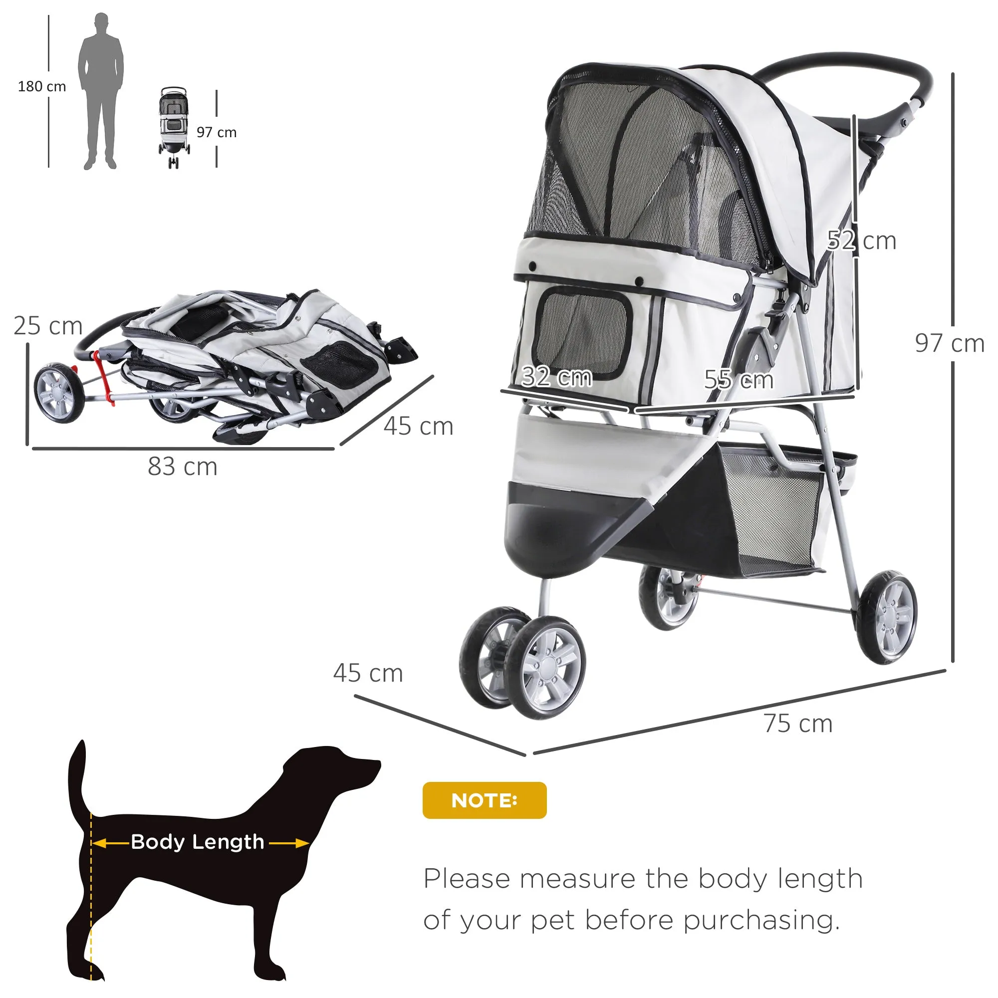 Pet Travel Stroller Cat Dog Pushchair Trolley Puppy Jogger Carrier Three Wheels for Small Miniature Dogs(Grey)