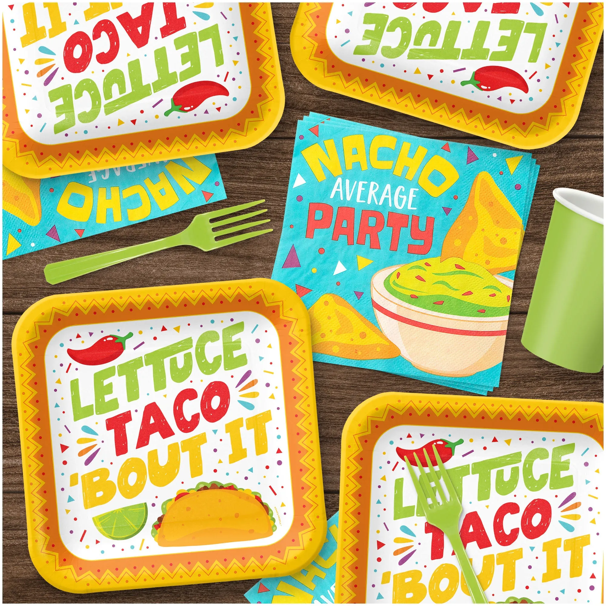 Taco Party - Lettuce Celebrate Paper Plates, Nacho Napkins, and Green Plastic Forks (16)