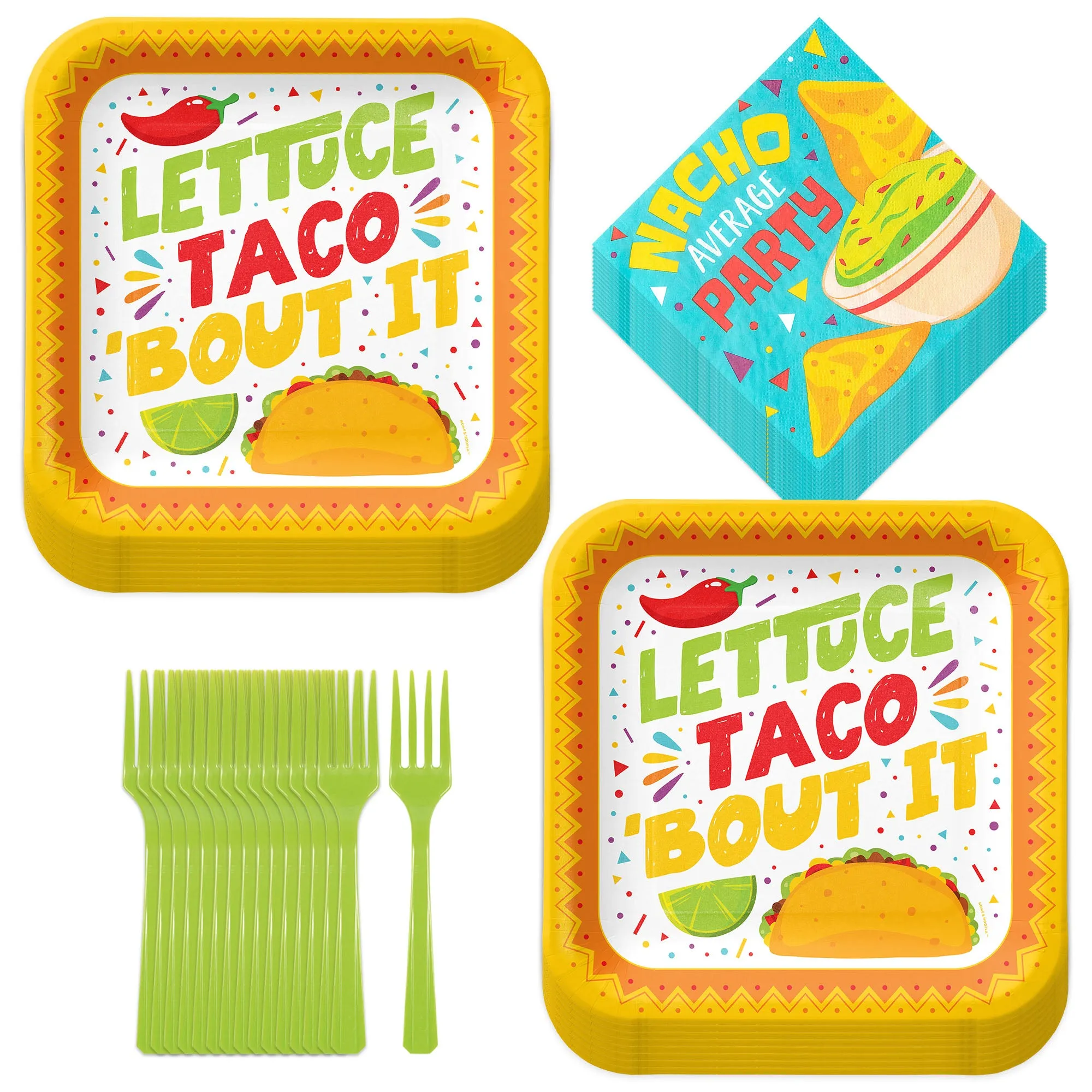 Taco Party - Lettuce Celebrate Paper Plates, Nacho Napkins, and Green Plastic Forks (16)