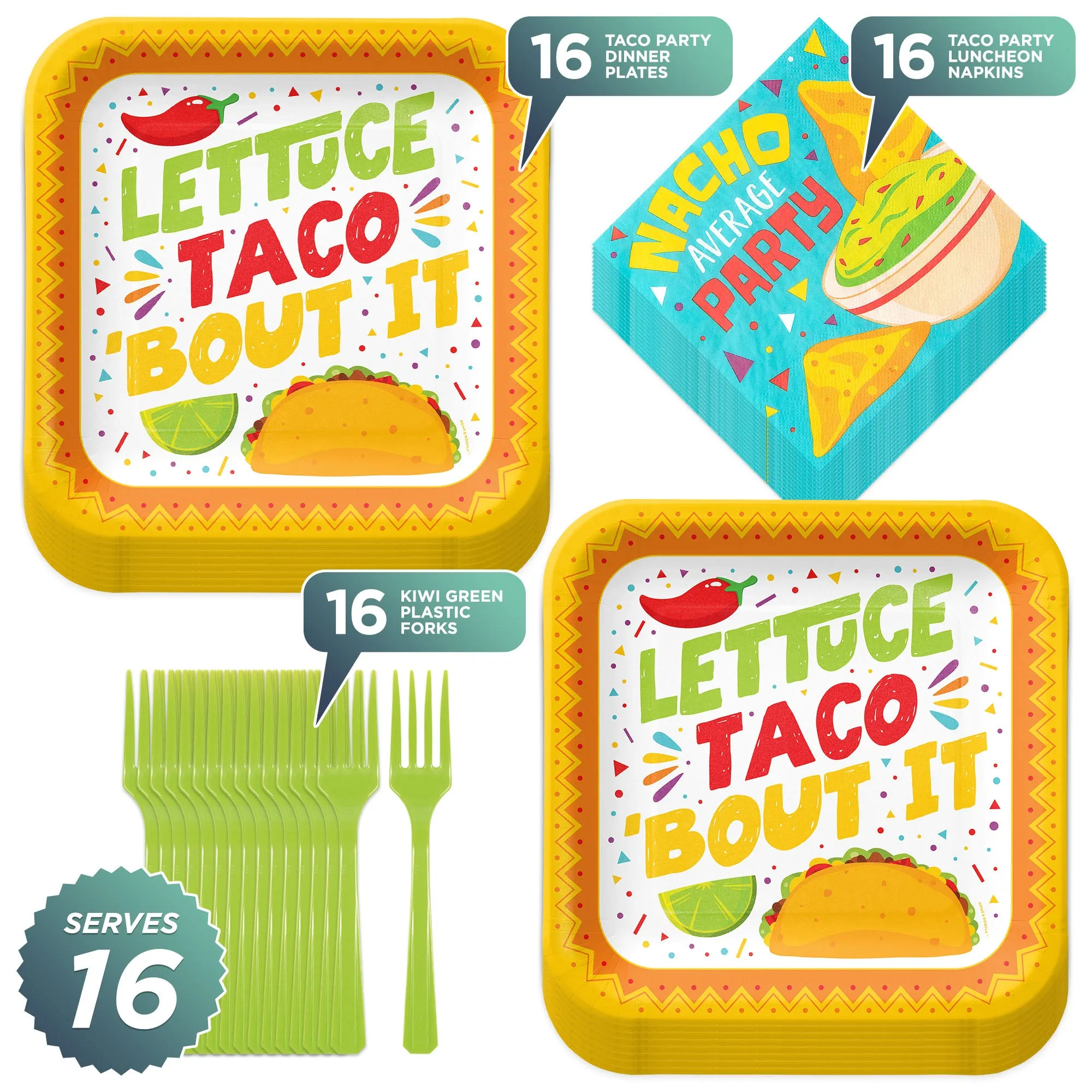 Taco Party - Lettuce Celebrate Paper Plates, Nacho Napkins, and Green Plastic Forks (16)