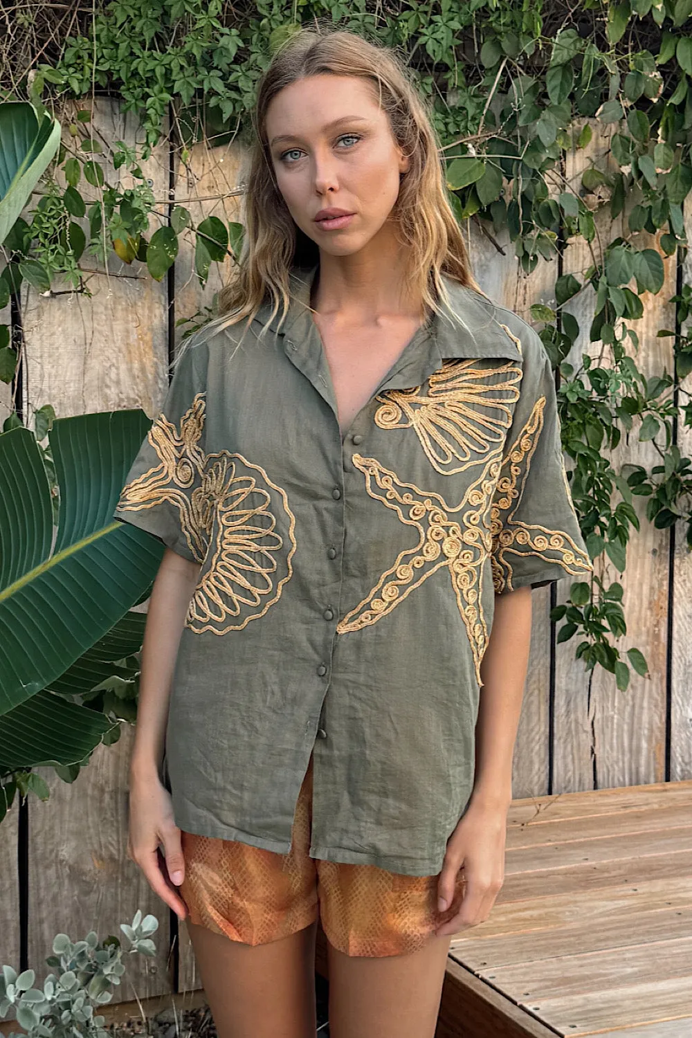 Under The Sea Applique Embroidered Shirt - Khaki