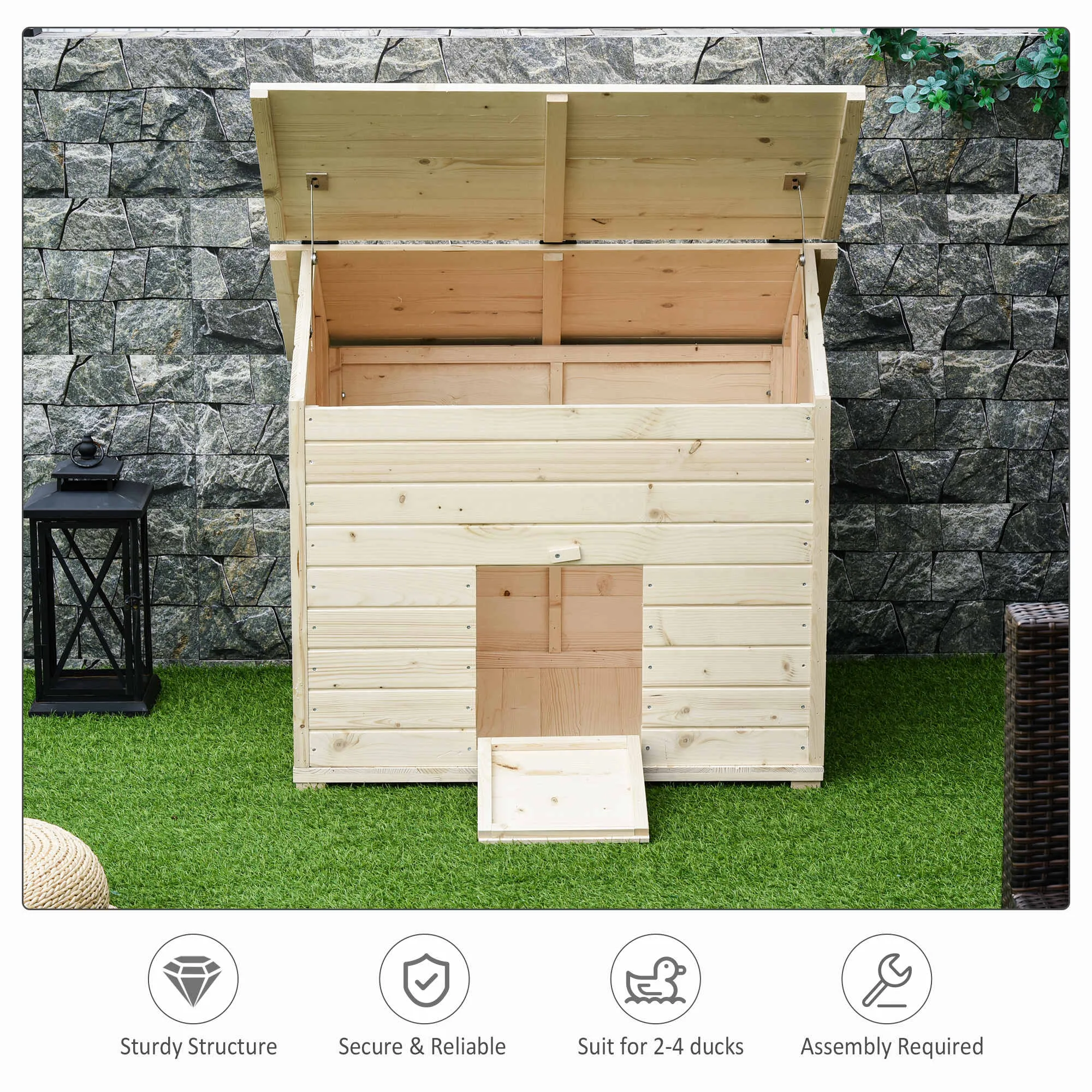 Wooden Duck House Poultry Coop for 2-4 Ducks with Openable Roof Raised Feet Air Holes Natural