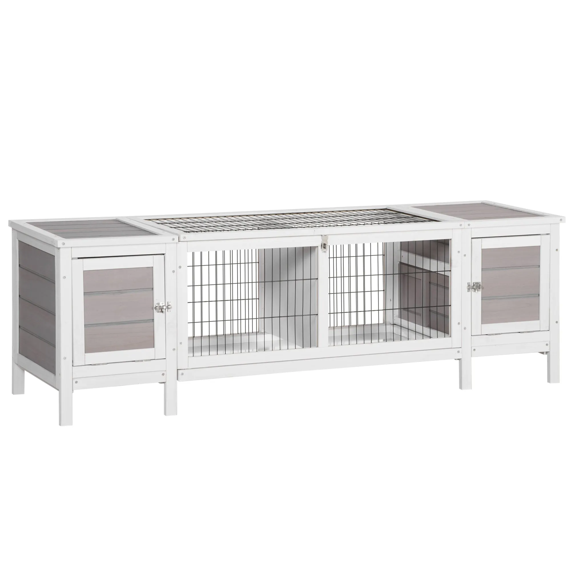 Wooden Rabbit Hutch Guinea Pig Cage Separable Bunny Run Small Bunny House w/ Slide Out Tray, 161 x 50.5 x 53.3cm - Grey