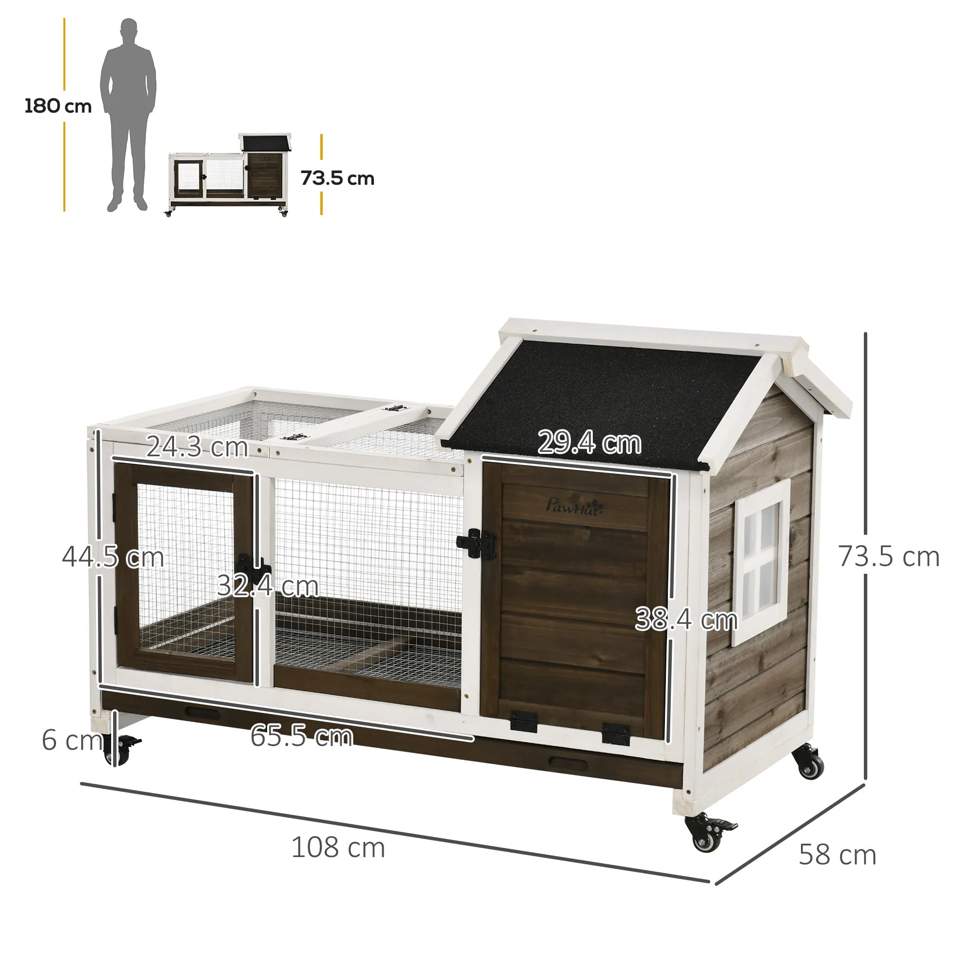 Wooden Rabbit Hutch with Wheels, Guinea Pig Cage, Small Animal House for Outdoor & Indoor with Slide-out Tray, 108 x 58 x 73.5cm, Brown