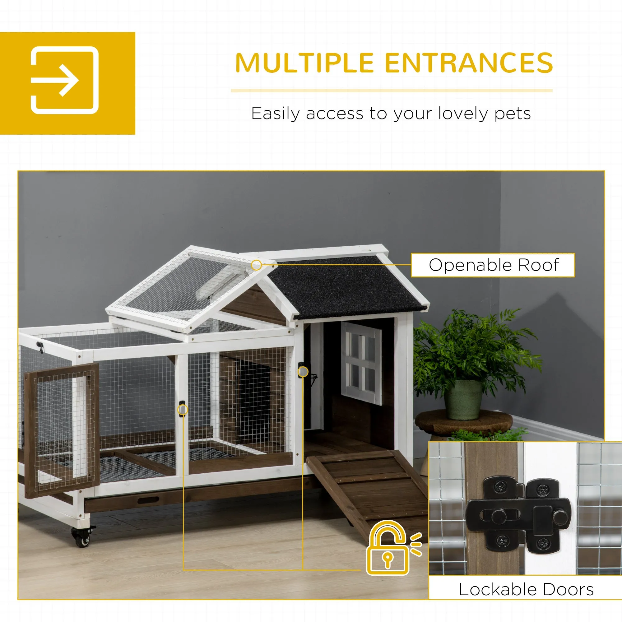 Wooden Rabbit Hutch with Wheels, Guinea Pig Cage, Small Animal House for Outdoor & Indoor with Slide-out Tray, 108 x 58 x 73.5cm, Brown